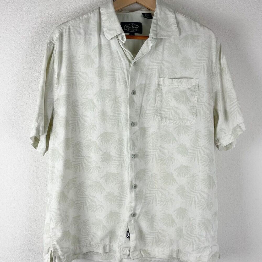 Nat Nast Silk Blend Shirt Mens Large Leaf Print Button Up Coastal Hawaiian Aloha